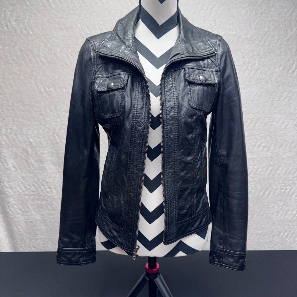 Black Rivet Womens Genuine Leather Moto Jacket Black Leopard Lining Small